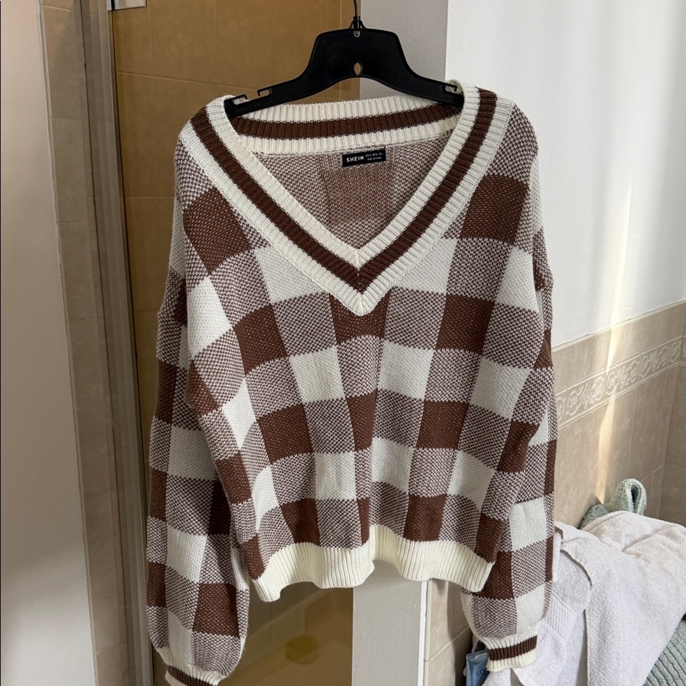 SHEIN Brown and Cream V-Neck Checkered Sweater